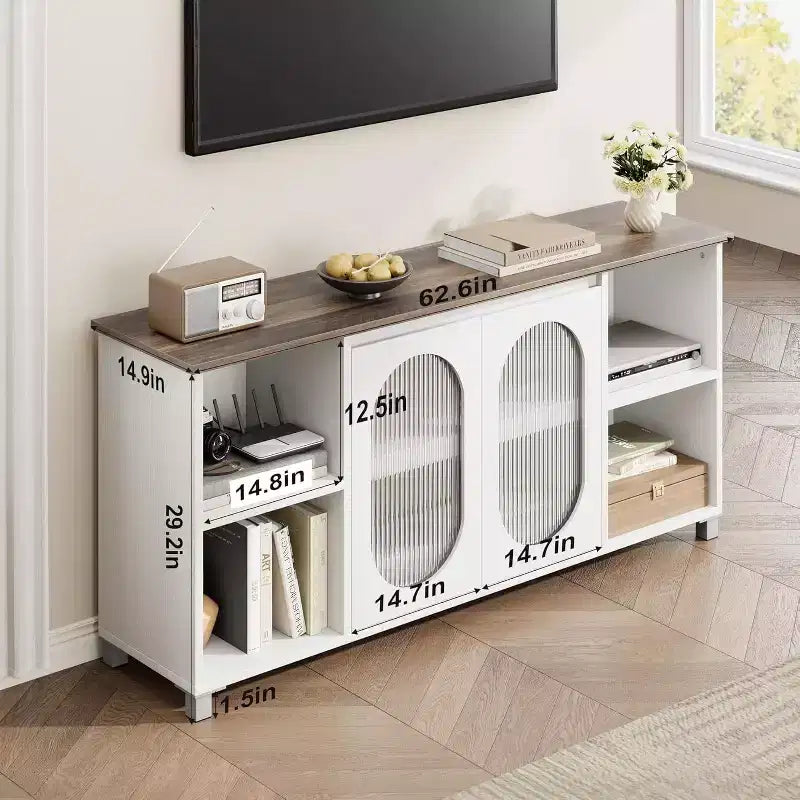 Acekool Modern TV Stand for 70 Inch TV, Black Media Console with Glass Doors and Shelves, Storage Cabinet for Living Room