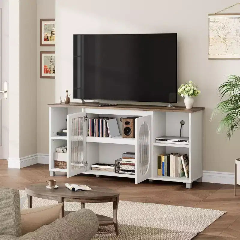 Acekool Modern TV Stand for 70 Inch TV, Black Media Console with Glass Doors and Shelves, Storage Cabinet for Living Room