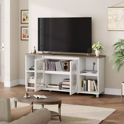 Acekool Modern TV Stand for 70 Inch TV, Black Media Console with Glass Doors and Shelves, Storage Cabinet for Living Room