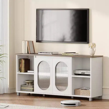 Acekool Modern TV Stand for 70 Inch TV, Black Media Console with Glass Doors and Shelves, Storage Cabinet for Living Room