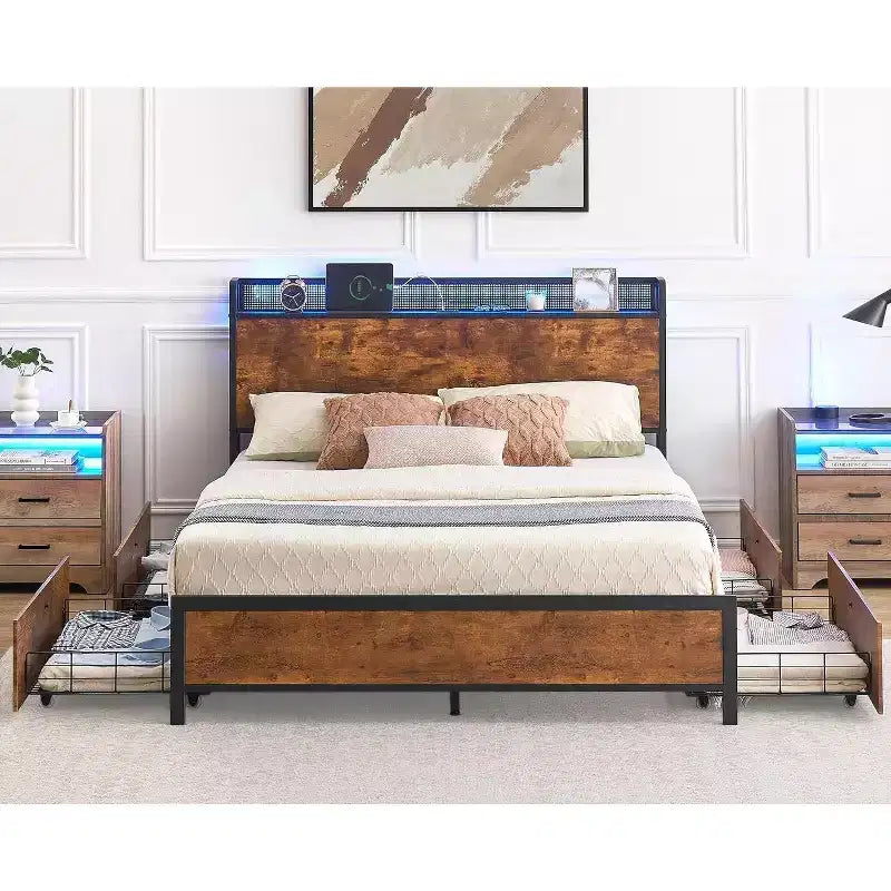 Acekool Bed Frame with Storage Drawers, LED Lights, Charging Station & Strong Wooden Slats