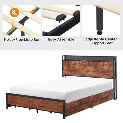 Acekool Bed Frame with Storage Drawers, LED Lights, Charging Station & Strong Wooden Slats