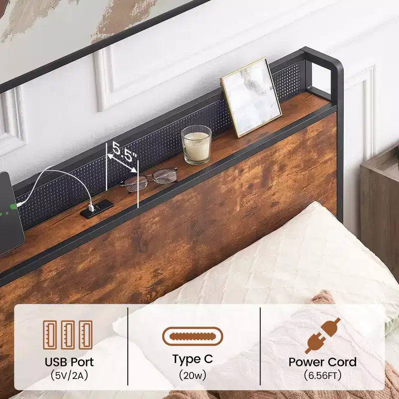 Acekool Bed Frame with Storage Drawers, LED Lights, Charging Station & Strong Wooden Slats