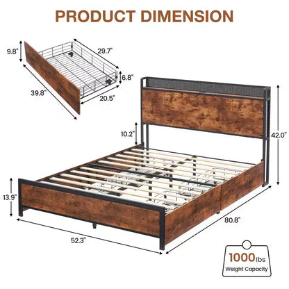 Acekool Bed Frame with Storage Drawers, LED Lights, Charging Station & Strong Wooden Slats