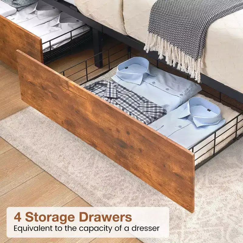 Acekool Bed Frame with Storage Drawers, LED Lights, Charging Station & Strong Wooden Slats