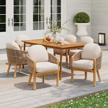 Christopher Knight Home Charles 7 Piece Outdoor Acacia Wood and Rope Dining Set with Cushion