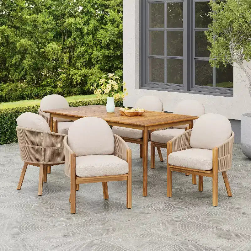Christopher Knight Home Charles 7 Piece Outdoor Acacia Wood and Rope Dining Set with Cushion