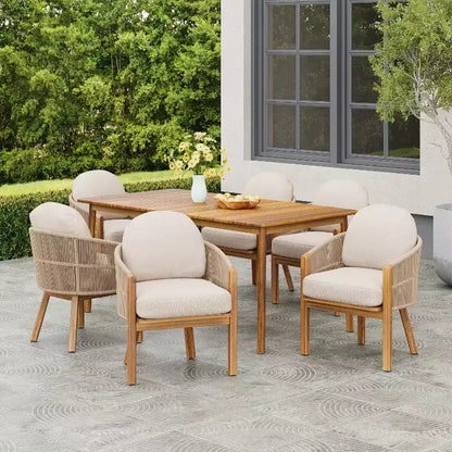 Christopher Knight Home Charles 7 Piece Outdoor Acacia Wood and Rope Dining Set with Cushion