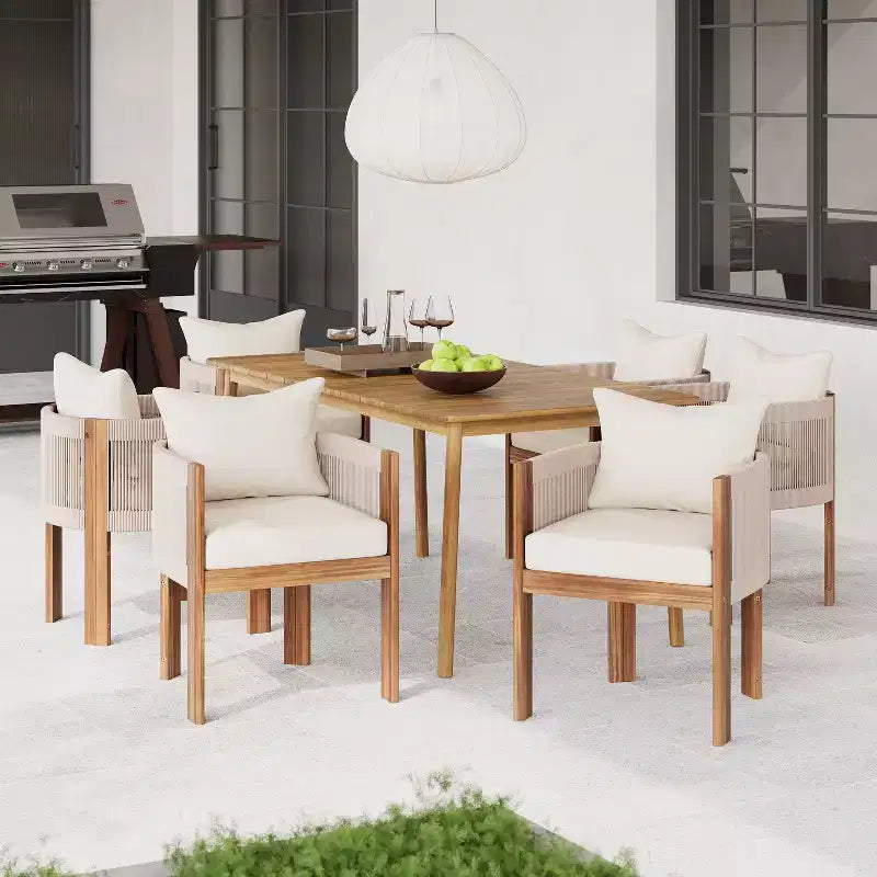 Christopher Knight Home Chase Ensemble de salle à manger d'extérieur 7 pièces en bois d'acacia et corde tressée avec coussins