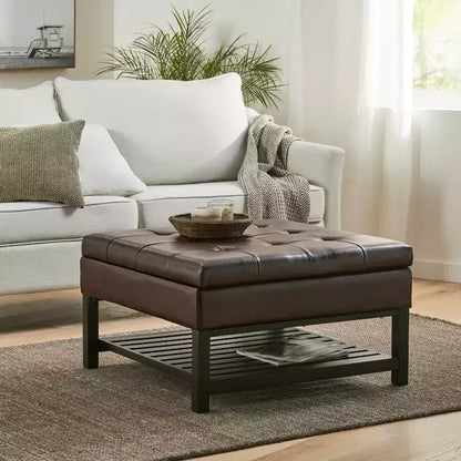 GDFStudio Kilbourne Contemporary Bonded Leather Tufted Storage Ottoman with Shelf, Brown/Dark Brown