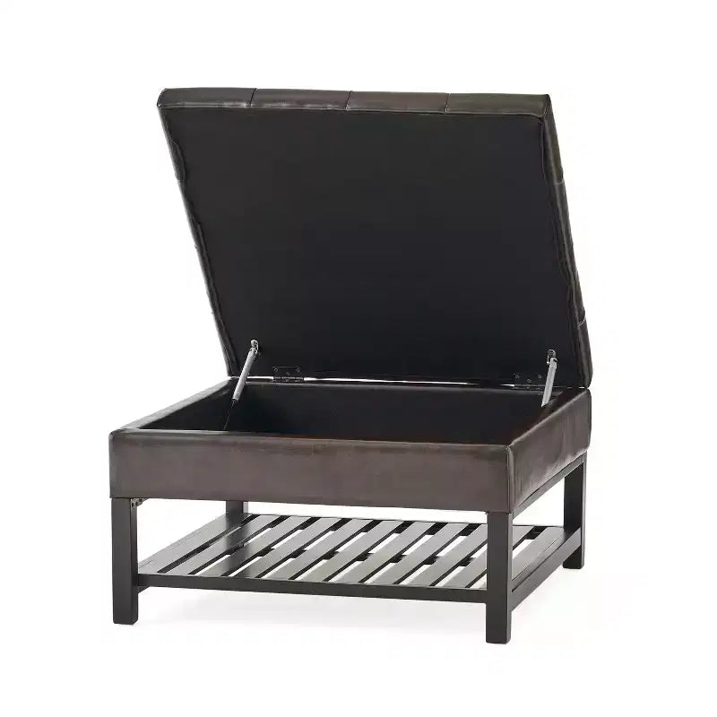GDFStudio Kilbourne Pouf de rangement capitonné en similicuir contemporain avec étagère, marron/brun foncé