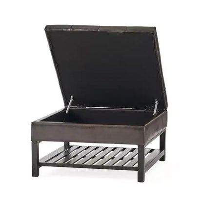 GDFStudio Kilbourne Pouf de rangement capitonné en similicuir contemporain avec étagère, marron/brun foncé