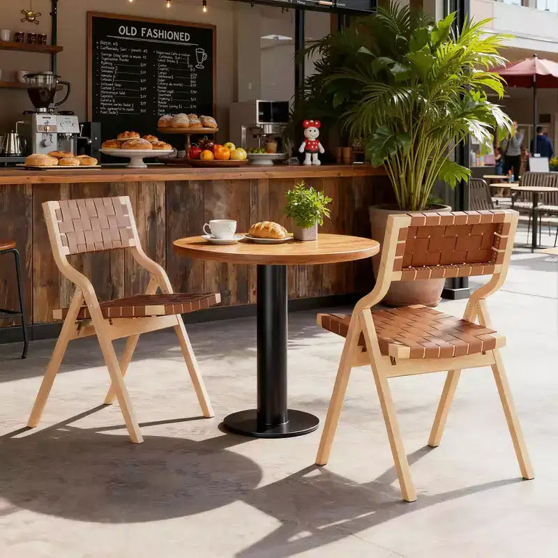 MAYEERTY 2-Set Wood Foldable & Stackable Dining Chairs for Dining Room, Woven Seat & Back, Beige - Natural