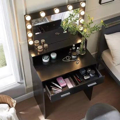 Coiffeuse Okak à 2 niveaux avec lumières tactiles, 3 niveaux de luminosité, grand tiroir et table de maquillage compacte pour petites chambres