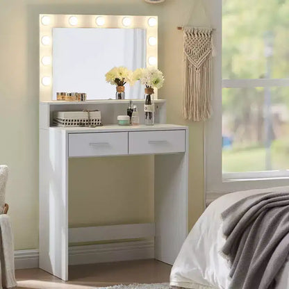 Coiffeuse Okak à 2 niveaux avec lumières tactiles, 3 niveaux de luminosité, grand tiroir et table de maquillage compacte pour petites chambres