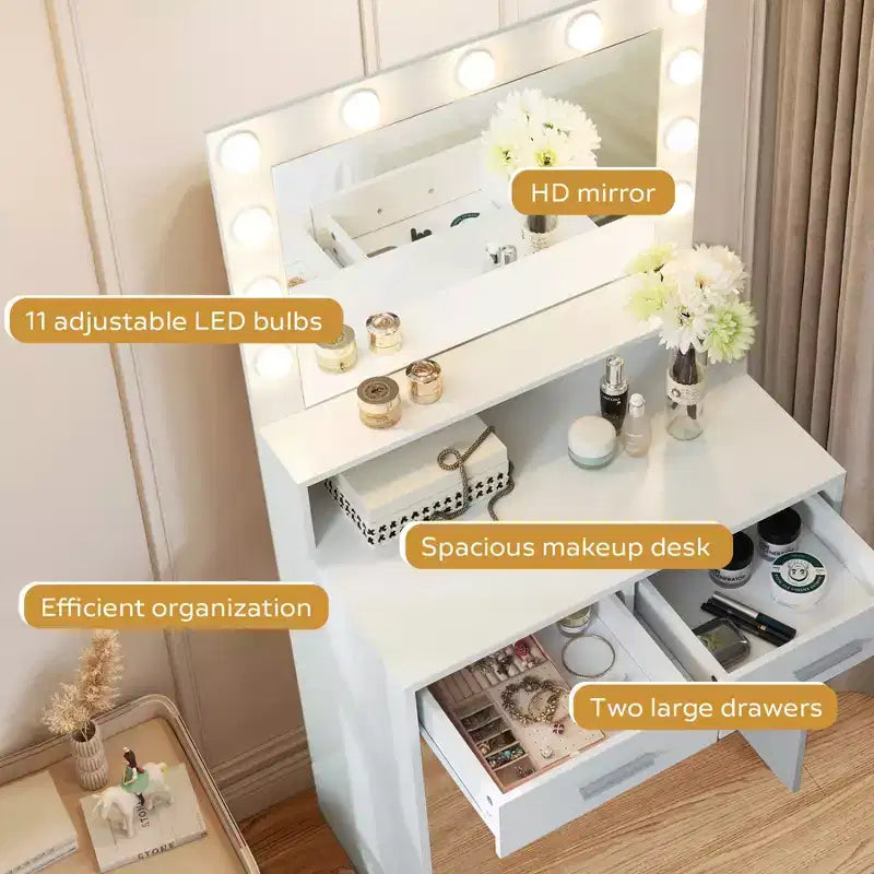 Coiffeuse Okak à 2 niveaux avec lumières tactiles, 3 niveaux de luminosité, grand tiroir et table de maquillage compacte pour petites chambres