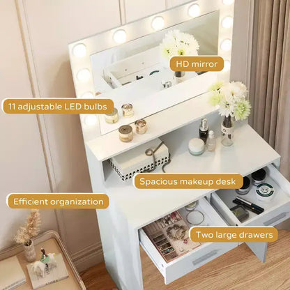Coiffeuse Okak à 2 niveaux avec lumières tactiles, 3 niveaux de luminosité, grand tiroir et table de maquillage compacte pour petites chambres