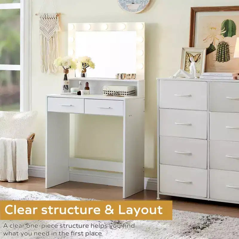 Coiffeuse Okak à 2 niveaux avec lumières tactiles, 3 niveaux de luminosité, grand tiroir et table de maquillage compacte pour petites chambres