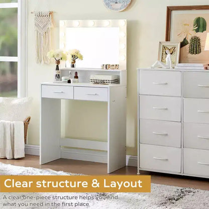 Coiffeuse Okak à 2 niveaux avec lumières tactiles, 3 niveaux de luminosité, grand tiroir et table de maquillage compacte pour petites chambres