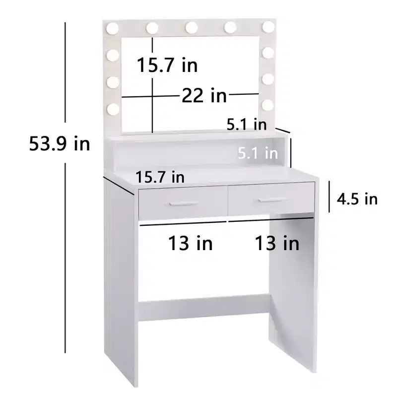 Coiffeuse Okak à 2 niveaux avec lumières tactiles, 3 niveaux de luminosité, grand tiroir et table de maquillage compacte pour petites chambres