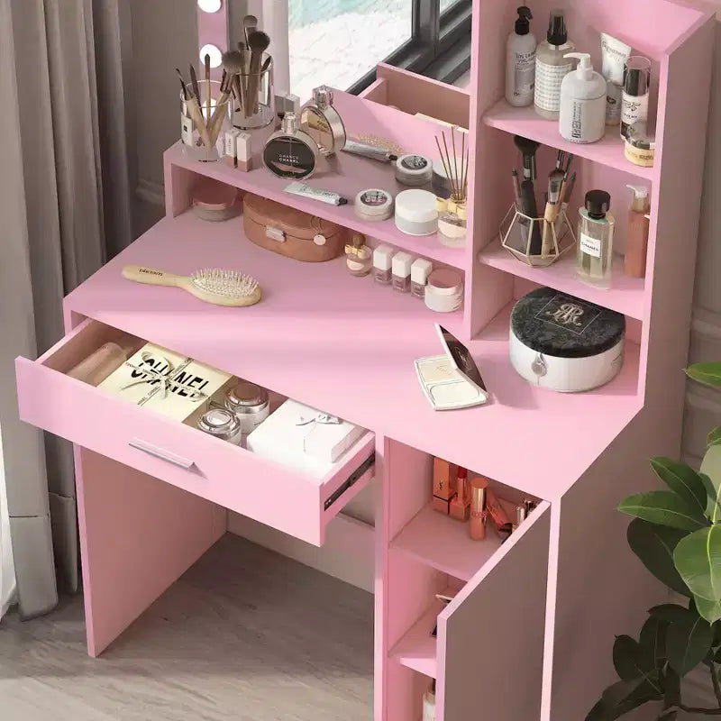 Coiffeuse Okak à 2 niveaux avec lumières tactiles, 3 niveaux de luminosité, grand tiroir et table de maquillage compacte pour petites chambres