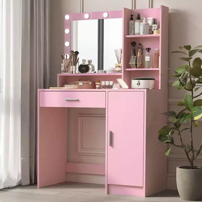 Coiffeuse Okak à 2 niveaux avec lumières tactiles, 3 niveaux de luminosité, grand tiroir et table de maquillage compacte pour petites chambres