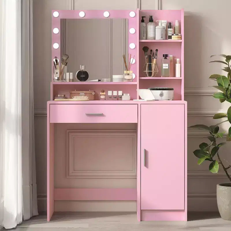 Coiffeuse Okak à 2 niveaux avec lumières tactiles, 3 niveaux de luminosité, grand tiroir et table de maquillage compacte pour petites chambres