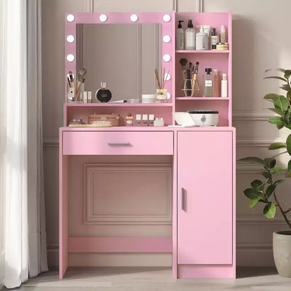 Coiffeuse Okak à 2 niveaux avec lumières tactiles, 3 niveaux de luminosité, grand tiroir et table de maquillage compacte pour petites chambres