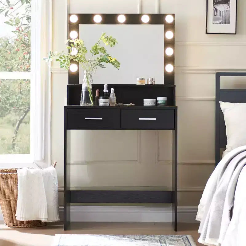 Coiffeuse Okak à 2 niveaux avec lumières tactiles, 3 niveaux de luminosité, grand tiroir et table de maquillage compacte pour petites chambres