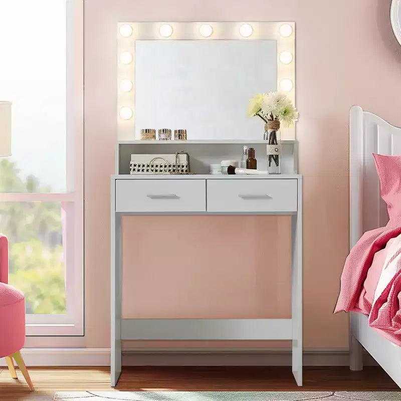 Coiffeuse Okak à 2 niveaux avec lumières tactiles, 3 niveaux de luminosité, grand tiroir et table de maquillage compacte pour petites chambres