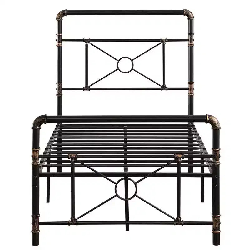 Cadre de lit moderne en fer avec tuyau d'eau et motif croisé, taille double, par Karl Home