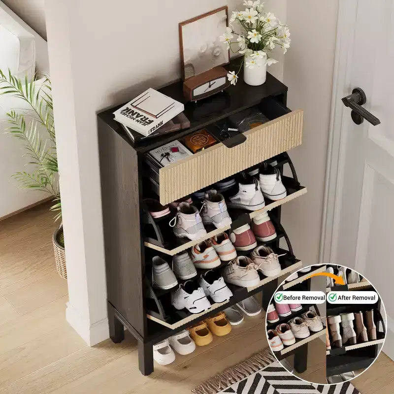 Meuble à chaussures Garvee avec 2/3/4 tiroirs basculants, organisateur de chaussures cannelé de style ferme, étagère à chaussures étroite et discrète pour entrée, foyer