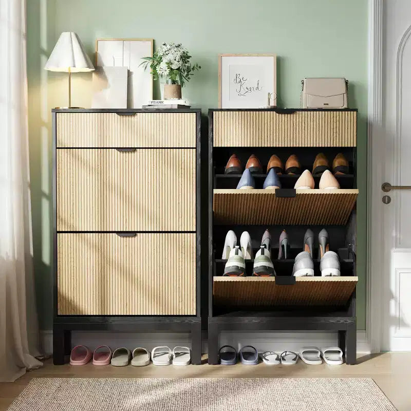 Meuble à chaussures Garvee avec 2/3/4 tiroirs basculants, organisateur de chaussures cannelé de style ferme, étagère à chaussures étroite et discrète pour entrée, foyer