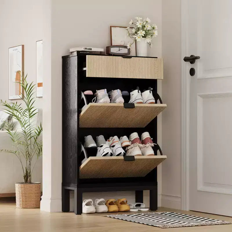 Meuble à chaussures Garvee avec 2/3/4 tiroirs basculants, organisateur de chaussures cannelé de style ferme, étagère à chaussures étroite et discrète pour entrée, foyer