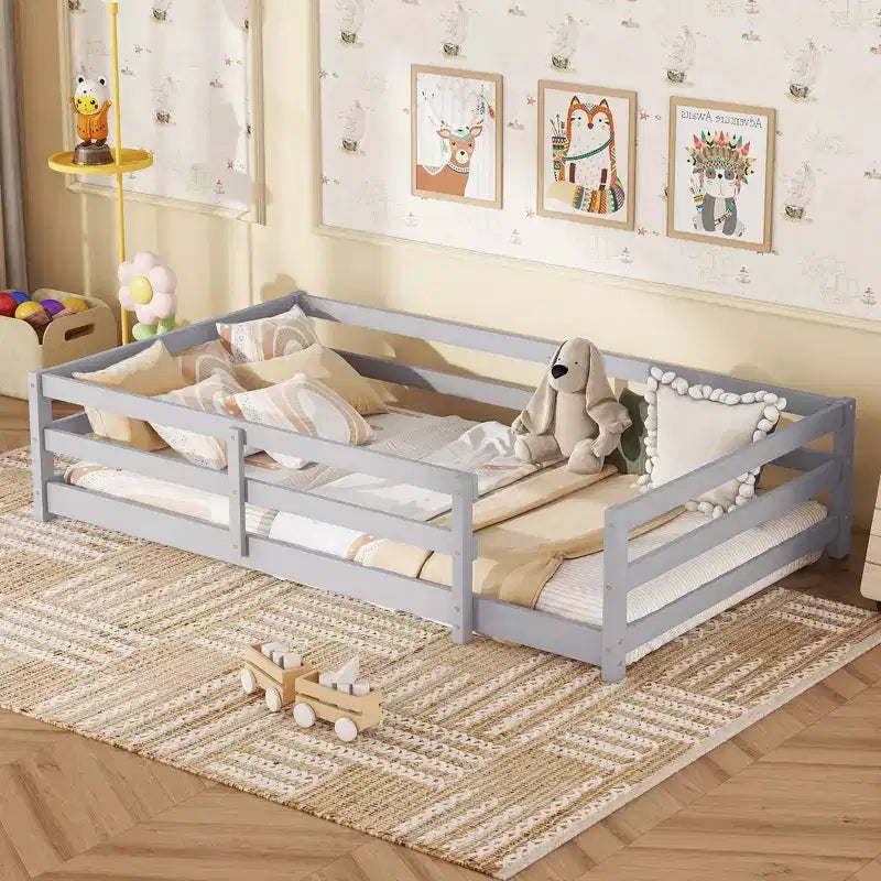 Okak Bed Frame Twin/Full Size,Modern Low Profile Toddler Bed with Safety Rails, Solid Wood Frame for Kids Bedroom