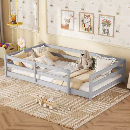 Okak Bed Frame Twin/Full Size,Modern Low Profile Toddler Bed with Safety Rails, Solid Wood Frame for Kids Bedroom