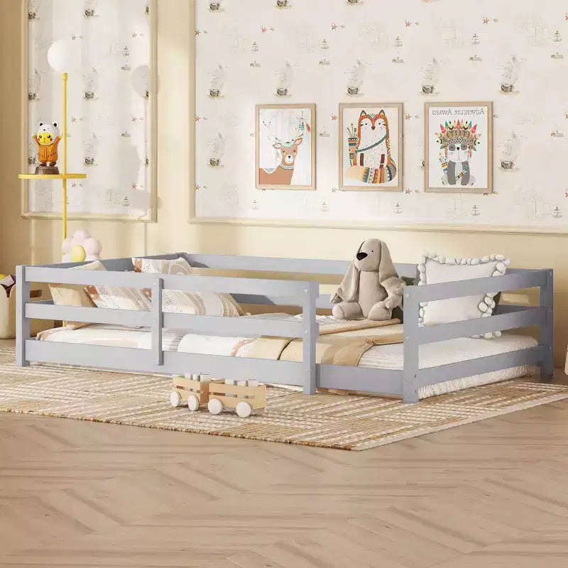 Okak Bed Frame Twin/Full Size,Modern Low Profile Toddler Bed with Safety Rails, Solid Wood Frame for Kids Bedroom