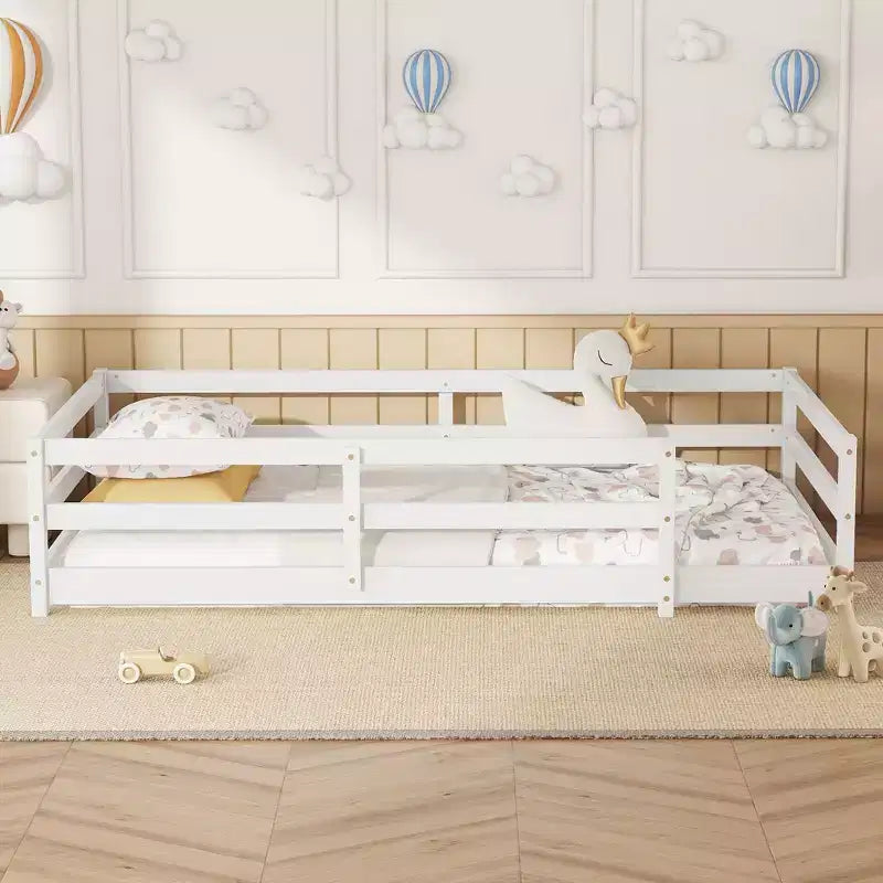 Okak Bed Frame Twin/Full Size,Modern Low Profile Toddler Bed with Safety Rails, Solid Wood Frame for Kids Bedroom