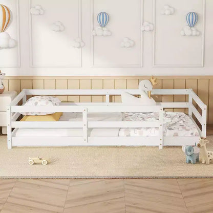 Okak Bed Frame Twin/Full Size,Modern Low Profile Toddler Bed with Safety Rails, Solid Wood Frame for Kids Bedroom