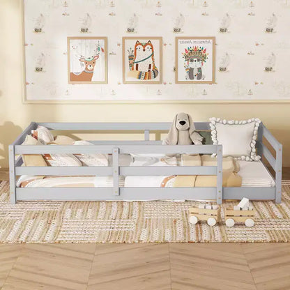 Okak Bed Frame Twin/Full Size,Modern Low Profile Toddler Bed with Safety Rails, Solid Wood Frame for Kids Bedroom