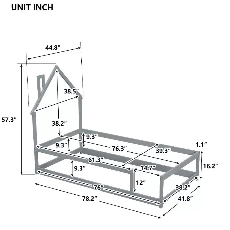 Lit cabane Okak de taille double avec tête de lit en forme de maison et barrières de sécurité, cadre de lit bas moderne en bois pour usage domestique