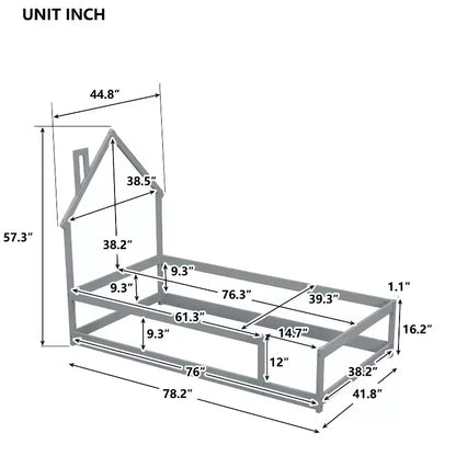 Lit cabane Okak de taille double avec tête de lit en forme de maison et barrières de sécurité, cadre de lit bas moderne en bois pour usage domestique