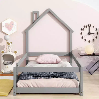 Lit cabane Okak de taille double avec tête de lit en forme de maison et barrières de sécurité, cadre de lit bas moderne en bois pour usage domestique