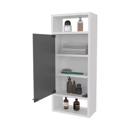 Armoire à pharmacie chic aspect pin avec porte miroir et rangement ouvert | Blanc