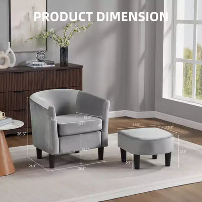 Fauteuil d'appoint moderne Bestier gris en velours avec ottoman, dossier en U et assise épaisse et rembourrée