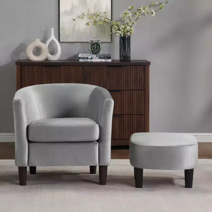Fauteuil d'appoint moderne Bestier gris en velours avec ottoman, dossier en U et assise épaisse et rembourrée