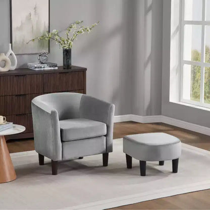 Fauteuil d'appoint moderne Bestier gris en velours avec ottoman, dossier en U et assise épaisse et rembourrée