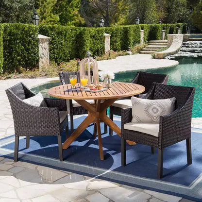 Christopher Knight Home Owen Outdoor Acacia Wood and Wicker 5 Piece Dining Set with Cushion