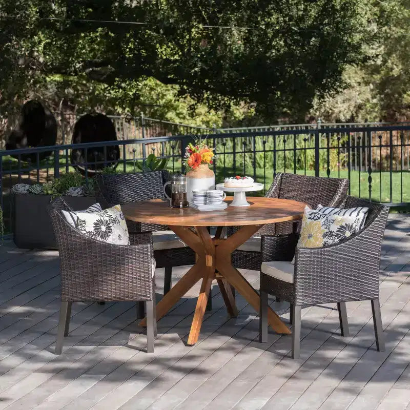 Christopher Knight Home Owen Outdoor Acacia Wood and Wicker 5 Piece Dining Set with Cushion
