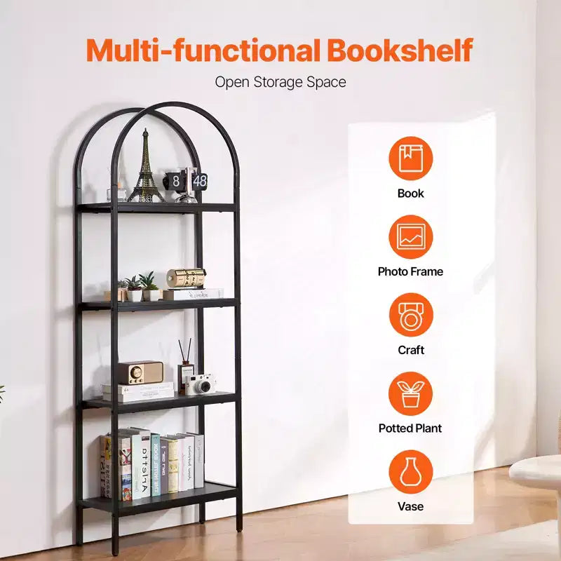 VEVOR Metal Bookshelf, 4-Tier Arched Industrial Bookshelf, Small Rustic Vintage Storage Bookcase with Open Shelves, Freestanding Display Shelving
